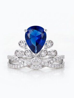 Blue Sapphire Crown Princess ring, made with solid 925 Sterling Silver